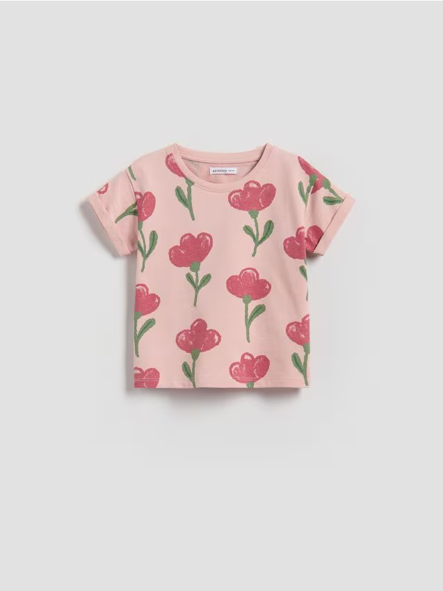 Reserved - Wzorzysty t-shirt - pastelowy róż