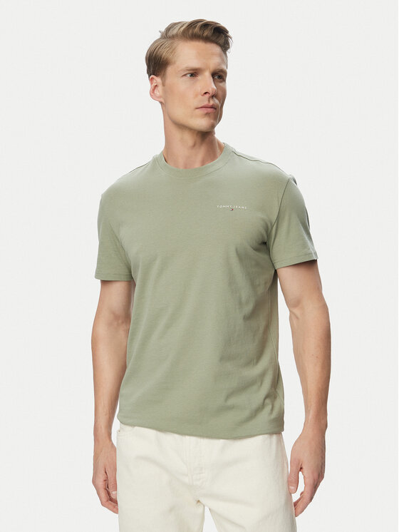 Tommy Jeans T-Shirt Linear Chest DM0DM21780 Zielony jasny Slim Fit