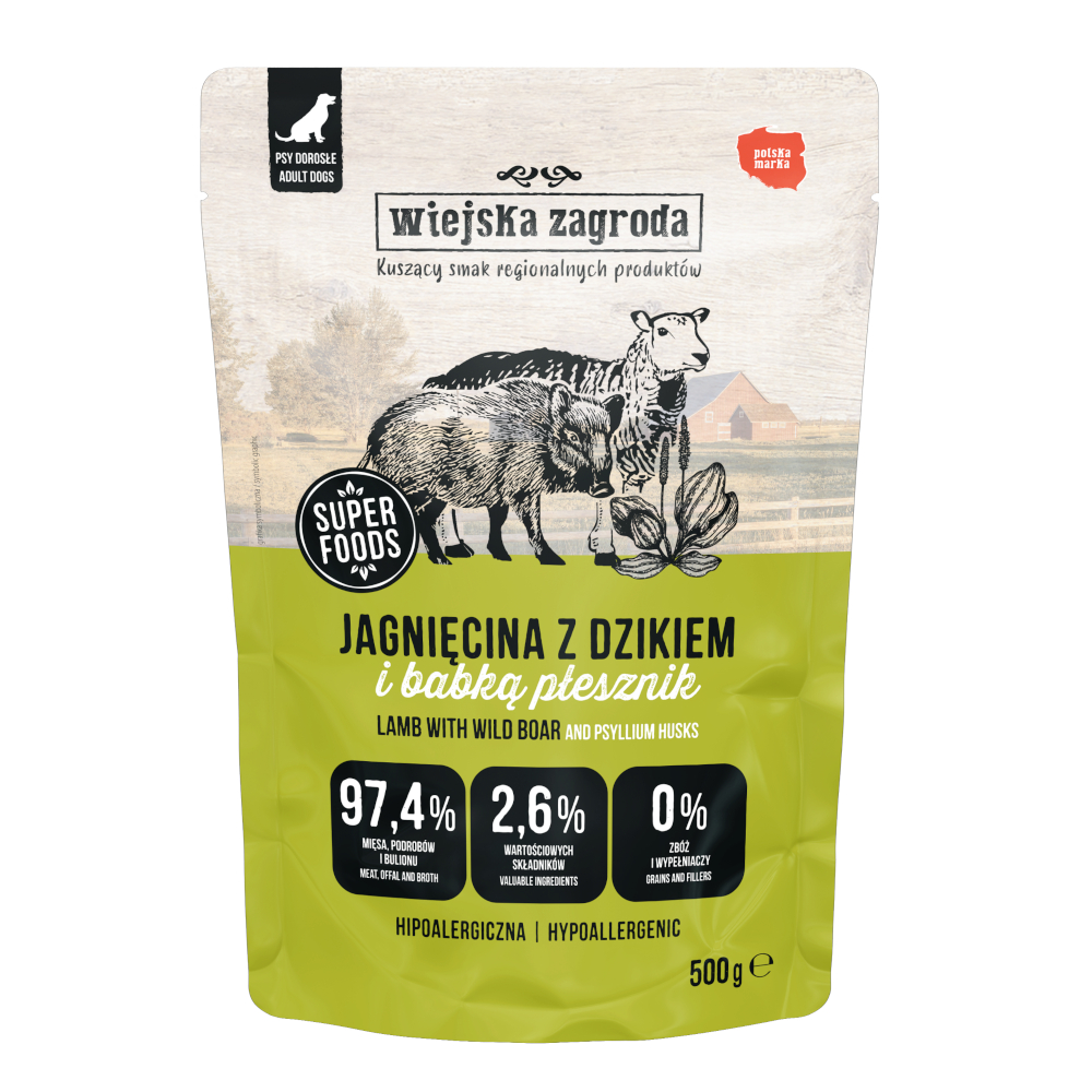 Wiejska Zagroda dla psa, saszetki, 500 g Jagnięcina z dzikiem