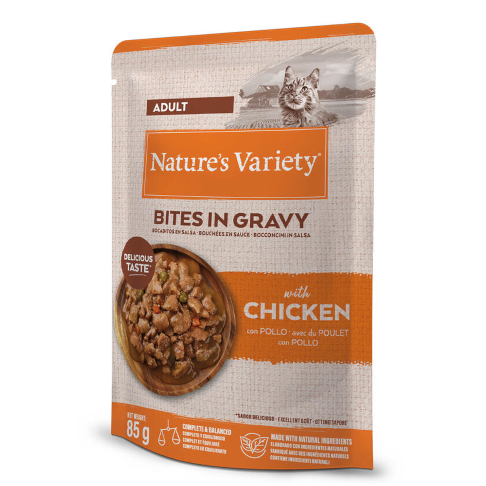 36 + 8 gratis! Nature's Variety Bites Adult w sosie, karma mokra dla kota, 44 x 85 g - Kurczak