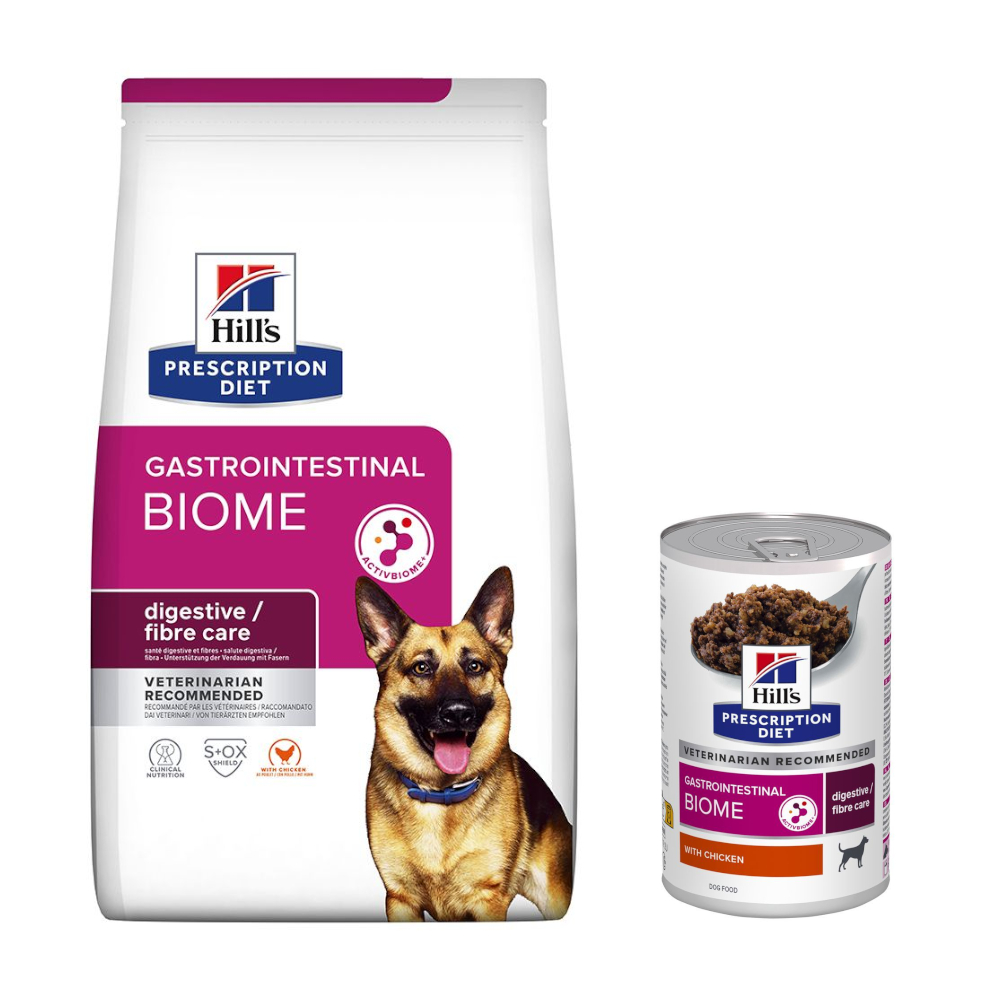 Hill's Prescription Diet: karma sucha, 10 kg / 12 kg + karma mokra, 3 x 370 g gratis! - Canine Gastrointestinal Biome, kurczak, 10 kg + Gastrointestinal Biome, kurczak