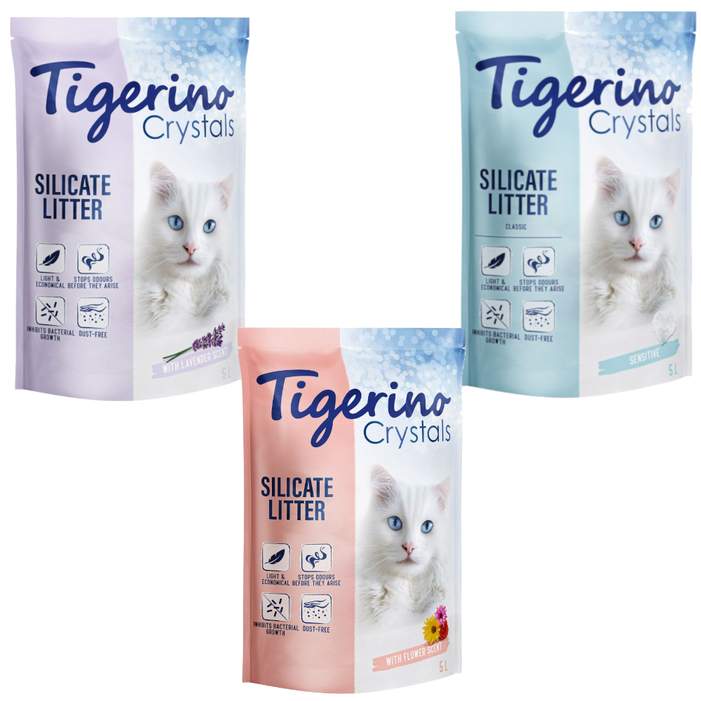 Pakiet próbny Tigerino Crystals, żwirek dla kota - różne rodzaje - 3 różne rodzaje, 6 x 5 l (Classic, Lavender, Flower Power)