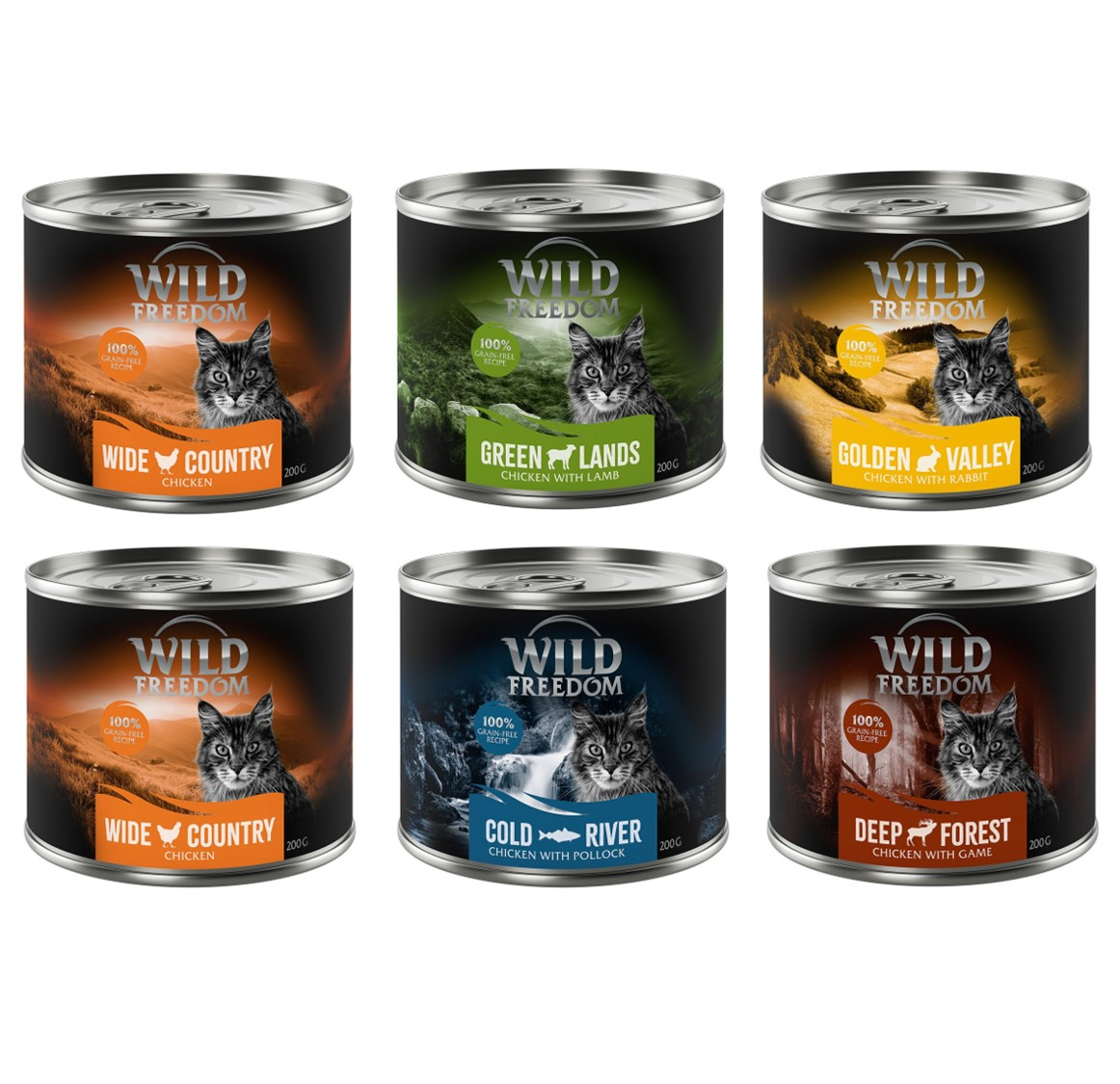 Wild Freedom Adult, 6 x 200 g - bezzbożowa receptura - Pakiet mieszany I (kurczak, łosoś, jagnięcina, królik, dziczyzna)
