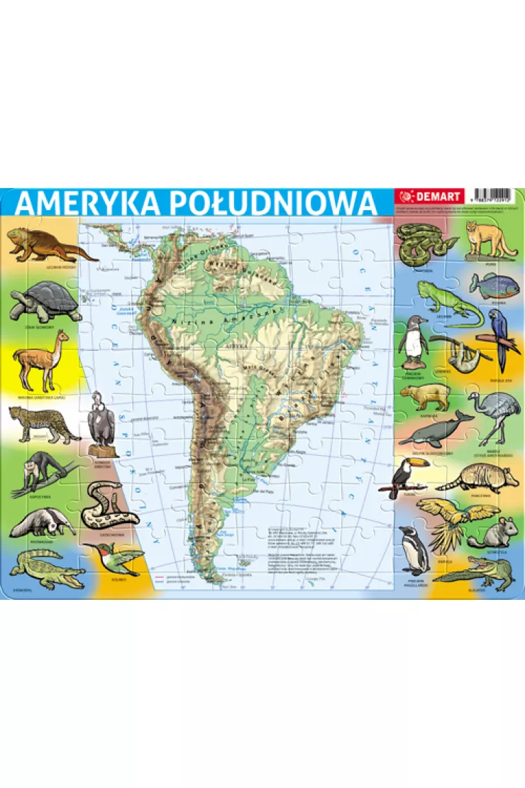 Puzzle ramkowe 72 el. Ameryka Południowa mapa fizyczna