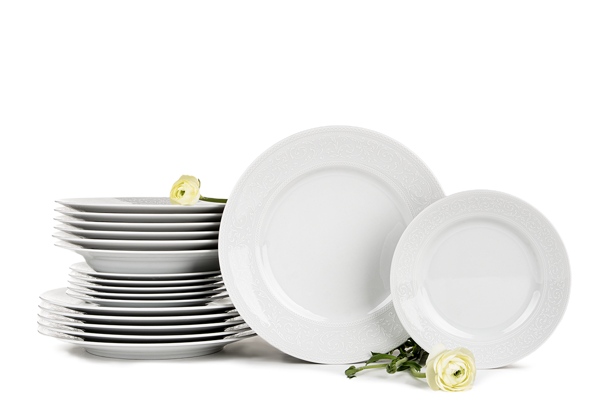 Zestaw obiadowy porcelana 18 elementów biały / wzór koronki dla 6 os. AMELIA BIAŁA KORONKA