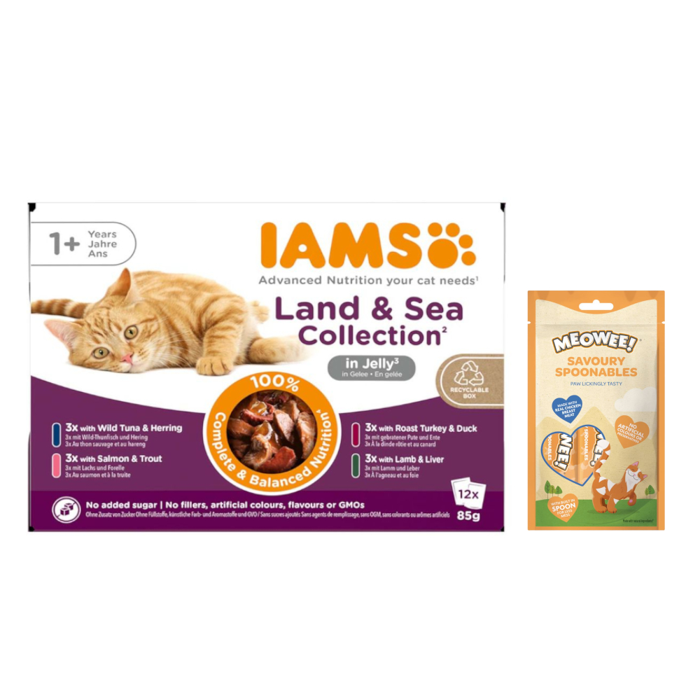 12 x 85 g IAMS Advanced Nutrition + Meowee! Savoury Spoonables, 8 x 14 g gratis! - Pakiet mieszany Adult, Land & Sea, w galarecie