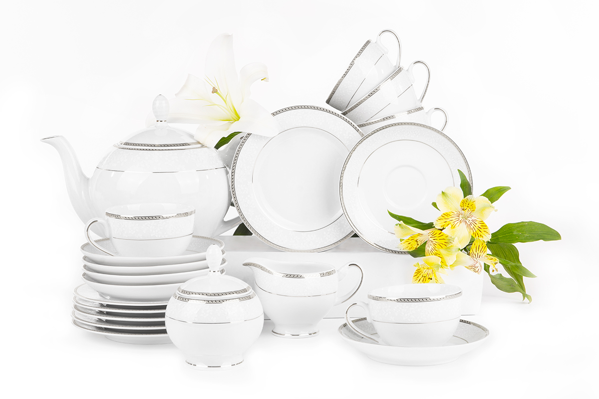 Serwis herbaciany polska porcelana 6 os. 15 elementów biały / platynowy wzór NEW HOLLIS PLATIN
