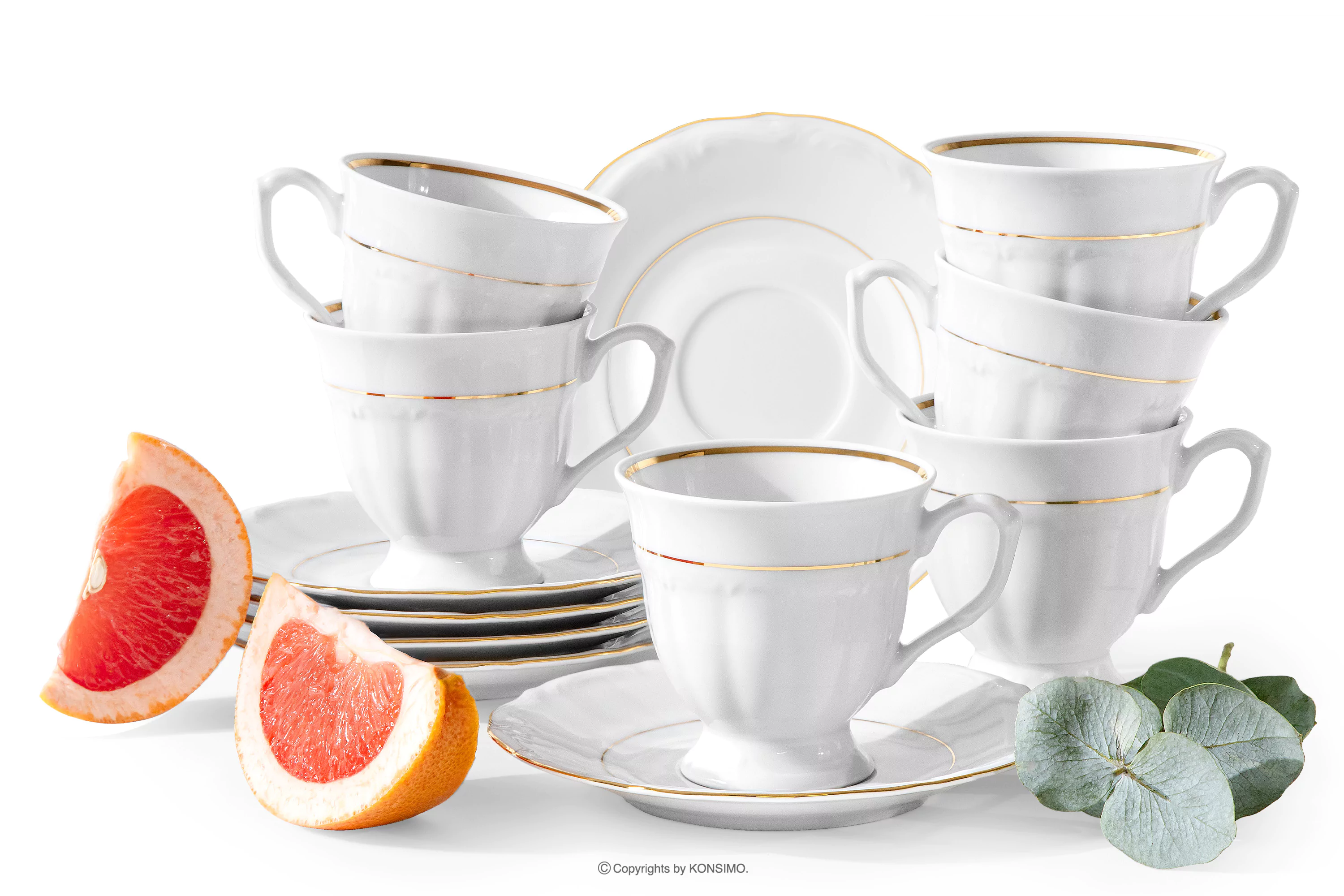 Filiżanka ze spodkiem 6 szt. klasyczna z porcelany biały/złota linia MARIA TERESA ZŁOTA LINIA
