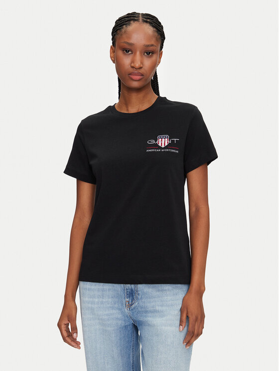 Gant T-Shirt Bisiklet Yaka 4200277 Czarny Regular Fit