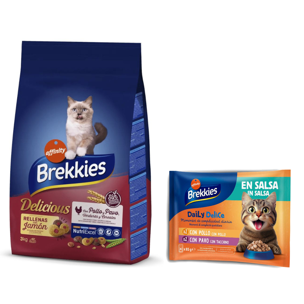 Brekkies: karma sucha, 3 kg / 3,5 kg + Daily Delice, 4 x 85 g gratis! - Pyszny Kurczak, Kurczak i Warzywa, 3 kg + Kurczak i indyk