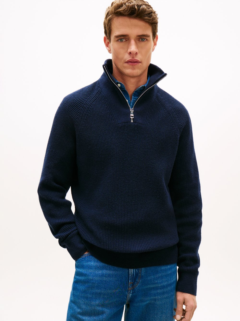 Tommy Hilfiger Męski sweter z dzianiny z wełną Mężczyźni Wełna niebieski, S