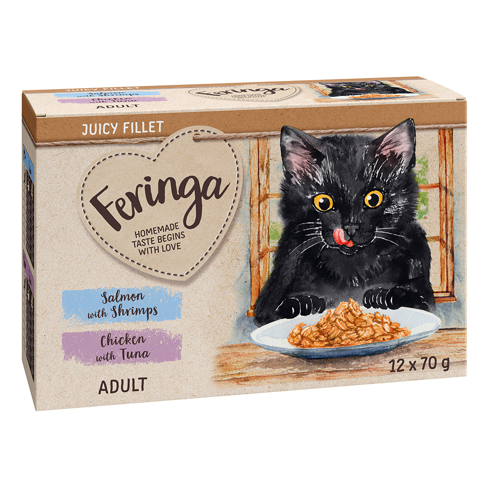 Korzystny pakiet Feringa Juicy Fillet, 24 x 70 g  - Pakiet mieszany: łosoś z krewetkami i kurczak z tuńczykiem, 24 x 70 g