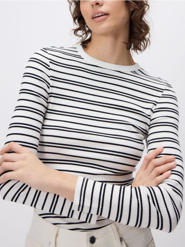 Reserved - Longsleeve z prążkowanej dzianiny - kremowy miniaturka