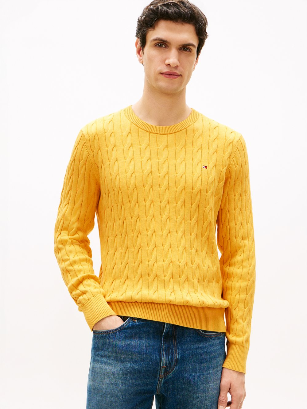 Tommy Hilfiger Męski sweter Mężczyźni drobna dzianina żółty, M