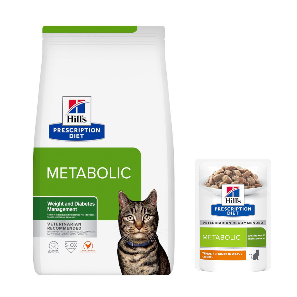 Hill's Prescription Diet Feline: karma sucha, 8 kg + karma mokra gratis! - Metabolic z kurczakiem - kontrola wagi i cukrzycy + Metabolic, kurczak, 12 x 85 g