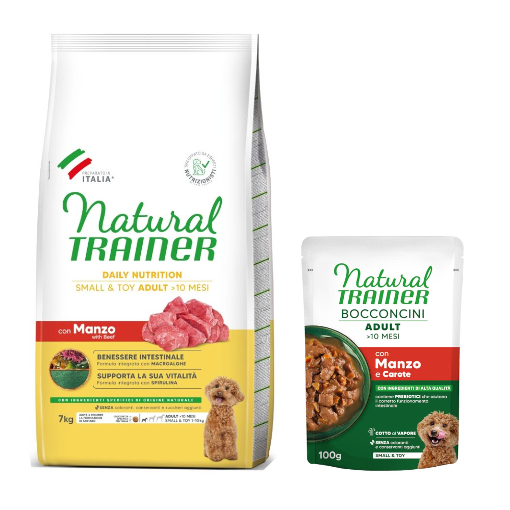 Natural Trainer: karma sucha, 7 kg + Adult Small & Toy, kawałki w sosie, 6 x 100 g gratis - Adult Small & Toy z wołowiną, 7 kg + Wołowina, 6 x 100 g