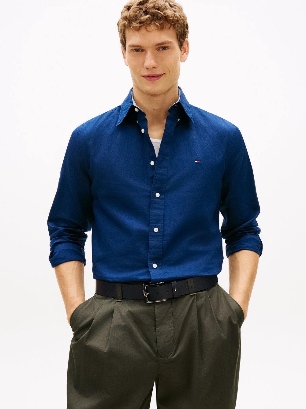 Tommy Hilfiger Męska koszula casual z lnem Mężczyźni Regular Fit len niebieski, XL