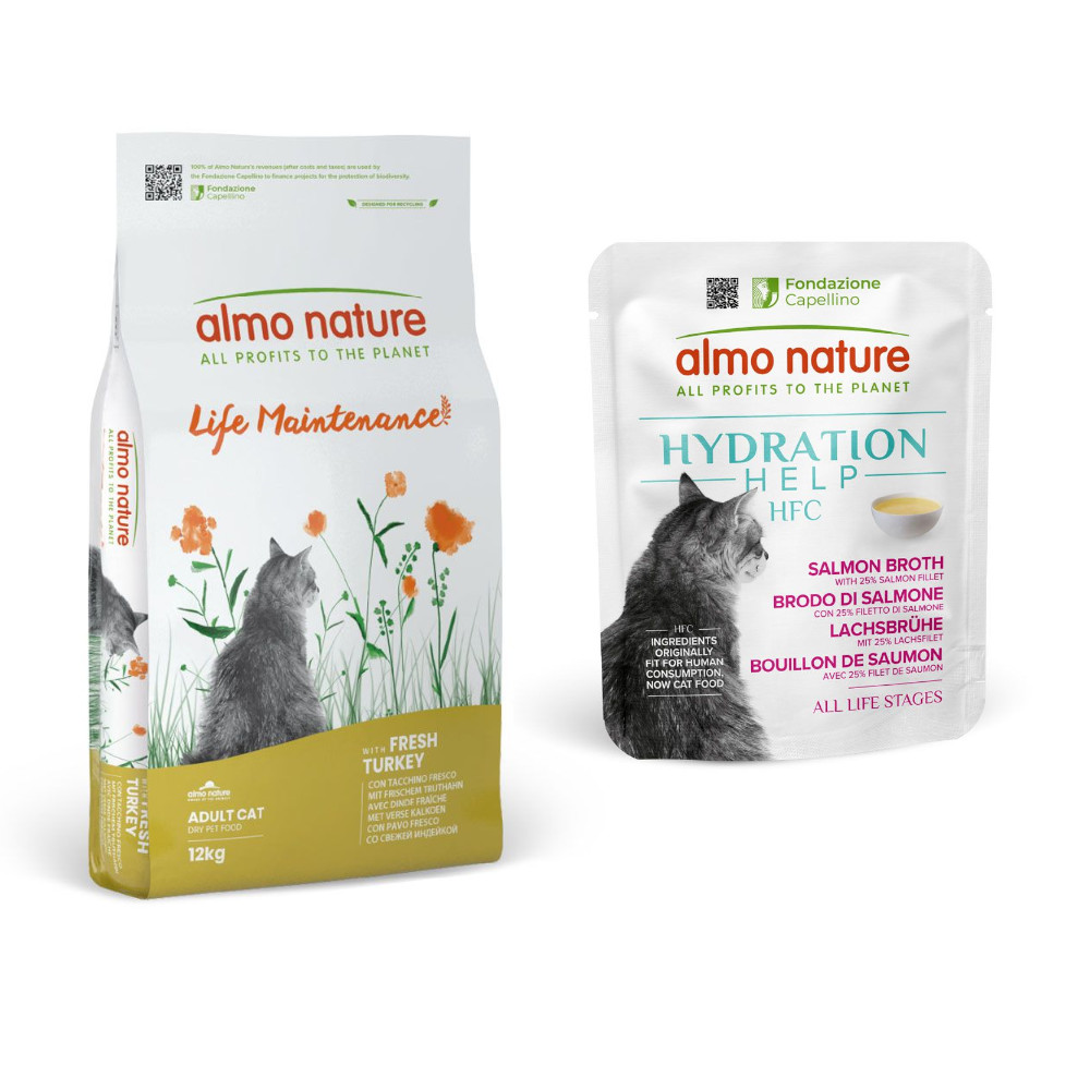 Almo Nature: 12 kg Functional + HFC Hydration Help, 12 x 50 g gratis! - Life Maintenance indyk z ryżem + Bulion z łososia z filetem z łososia