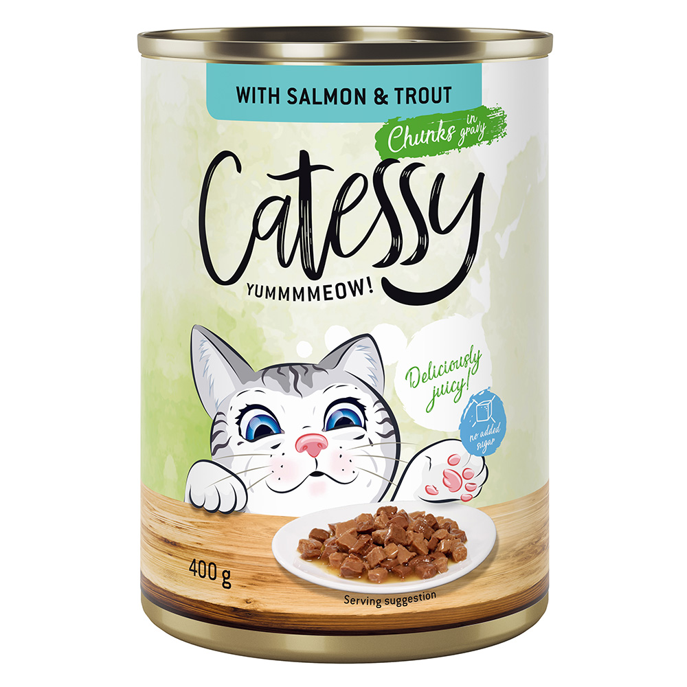 Catessy Kawałeczki w sosie i galarecie, 12 x 400 g - Z łososiem i pstrągiem w sosie