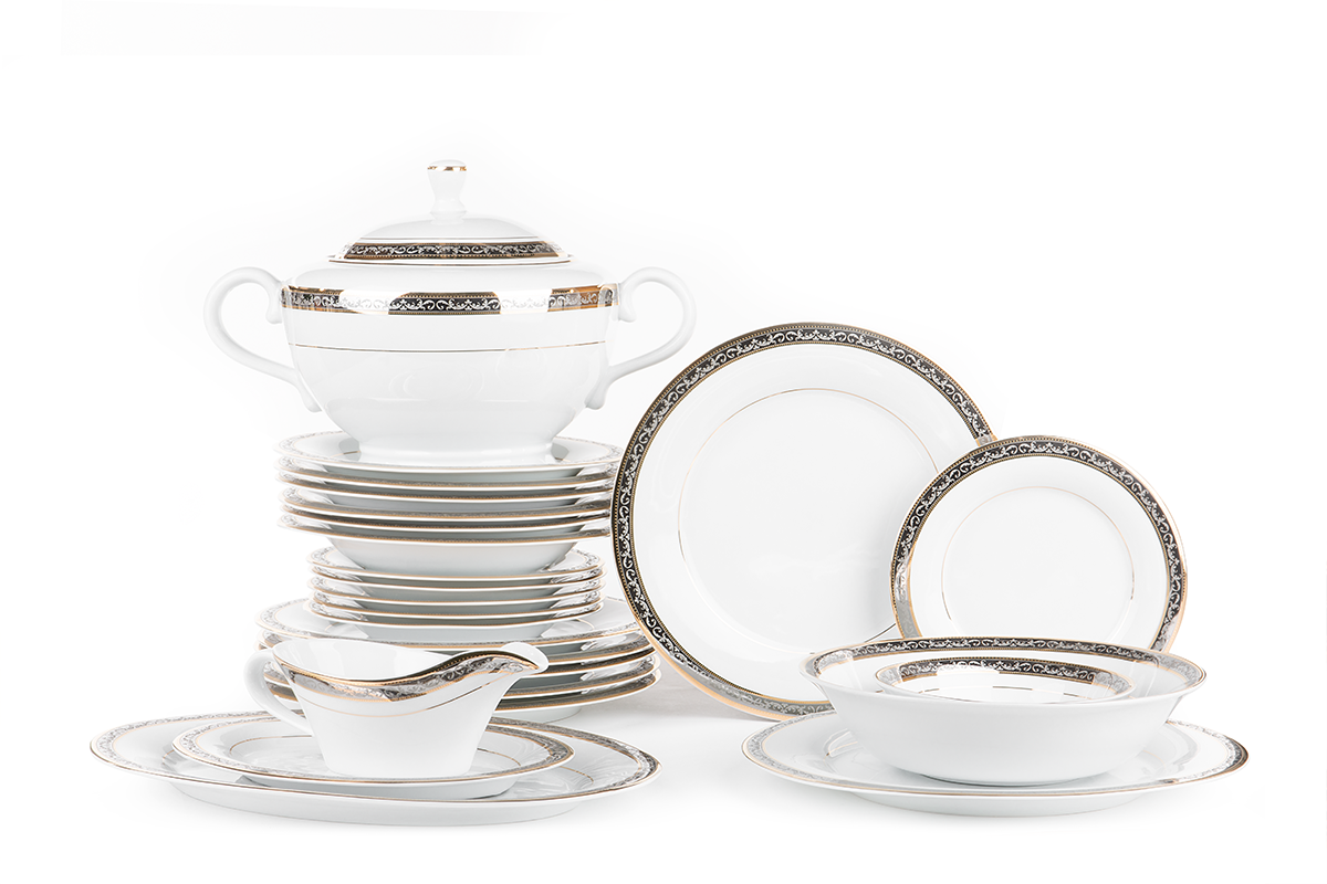 Serwis obiadowy polska porcelana dla 6 osób biały / złoty wzór CONTE