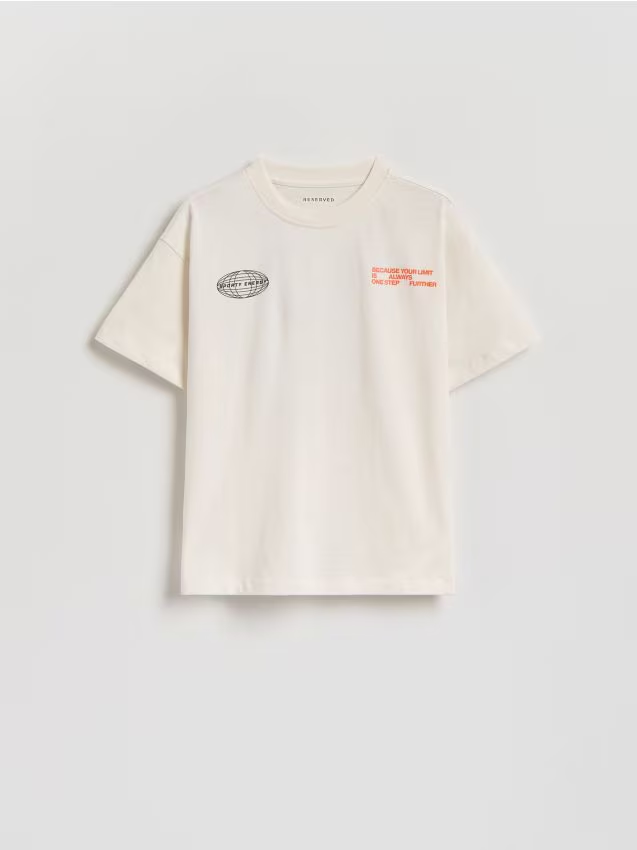 Reserved - Bawełniany t-shirt z nadrukiem - złamana biel
