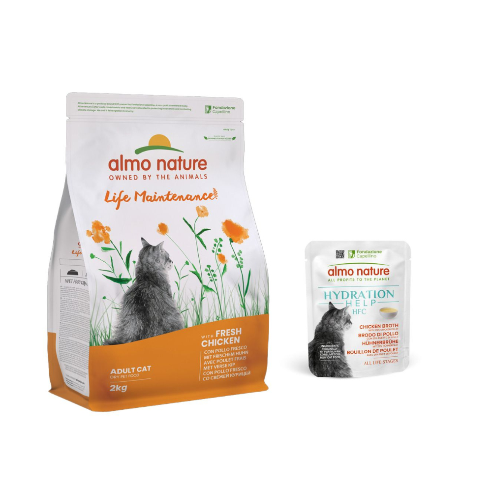 Almo Nature: Functional, karma sucha dla kota, 2 kg + HFC Hydration Help, 6 x 50 g gratis! - kurczak z ryżem, 2 kg + Bulion drobiowy z filetem z kurczaka, 6 x 50 g