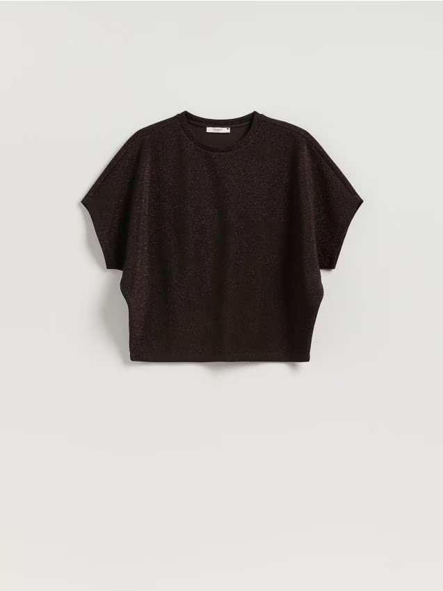Reserved - T-shirt z metalizowaną nicią - ciemnobrązowy