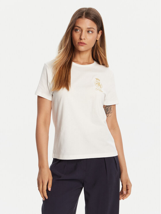 Tommy Hilfiger T-Shirt Gold Crest WW0WW46153 Biały Regular Fit