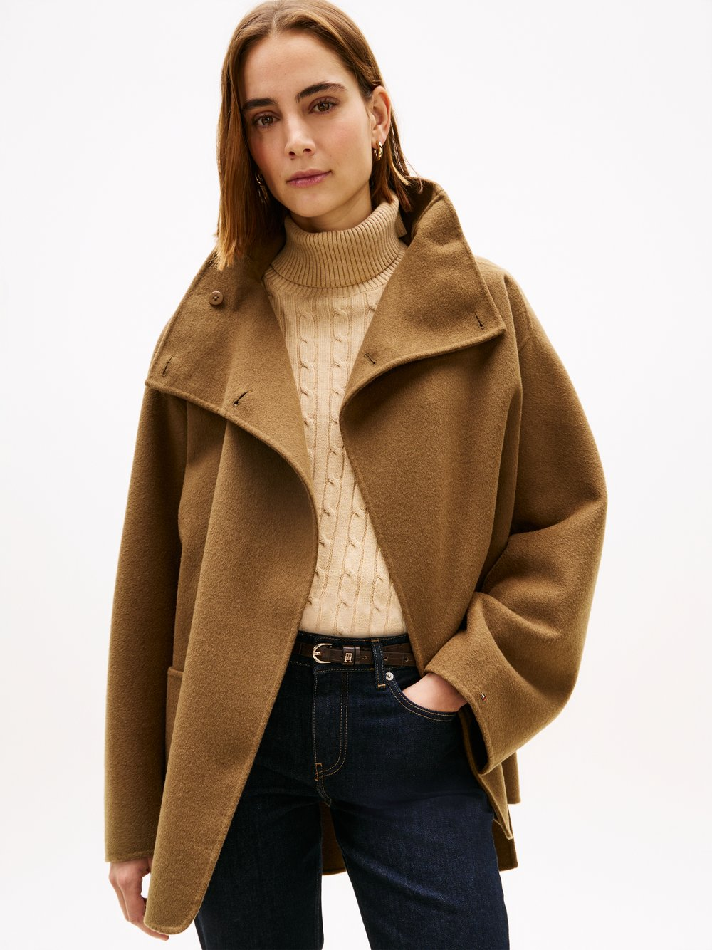 Tommy Hilfiger Krótki wełniany płaszcz damski Kobiety Wełna brązowy, XS/S