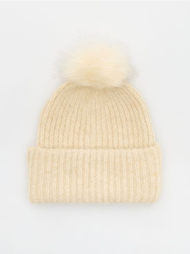 Reserved - Czapka beanie z pomponem - złamana biel