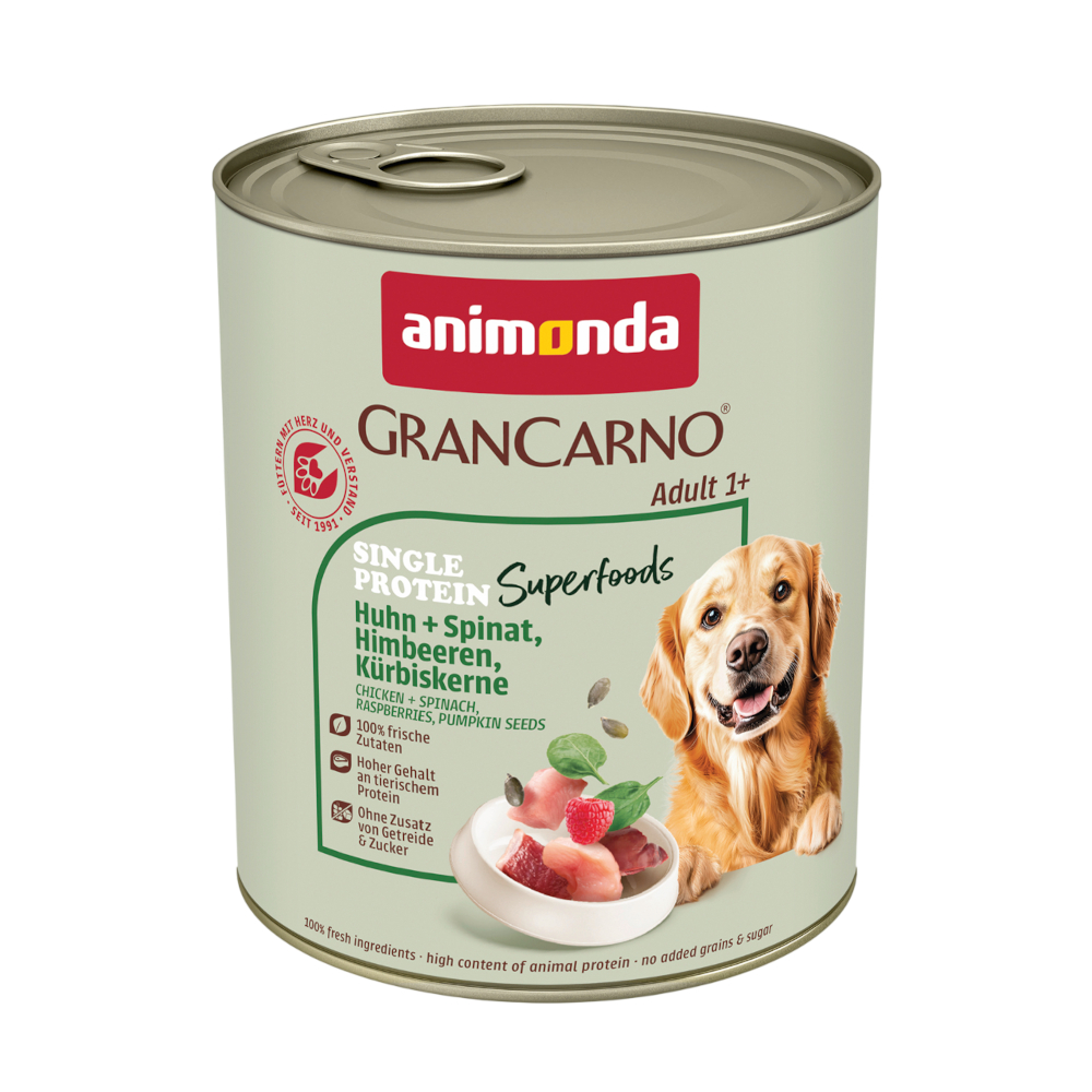 animonda GranCarno Adult Single Protein Superfoods, 6 x 800 g - Kurczak, szpinak, maliny i pestki dyni