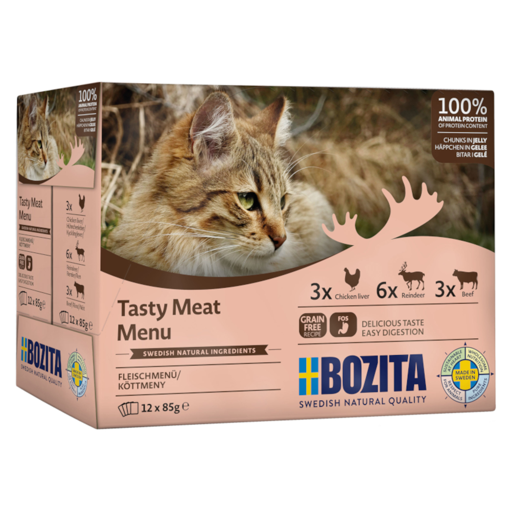 Bozita kawałki w galarecie, saszetki 12 x 85 g - Menu mięsne (3 smaki)