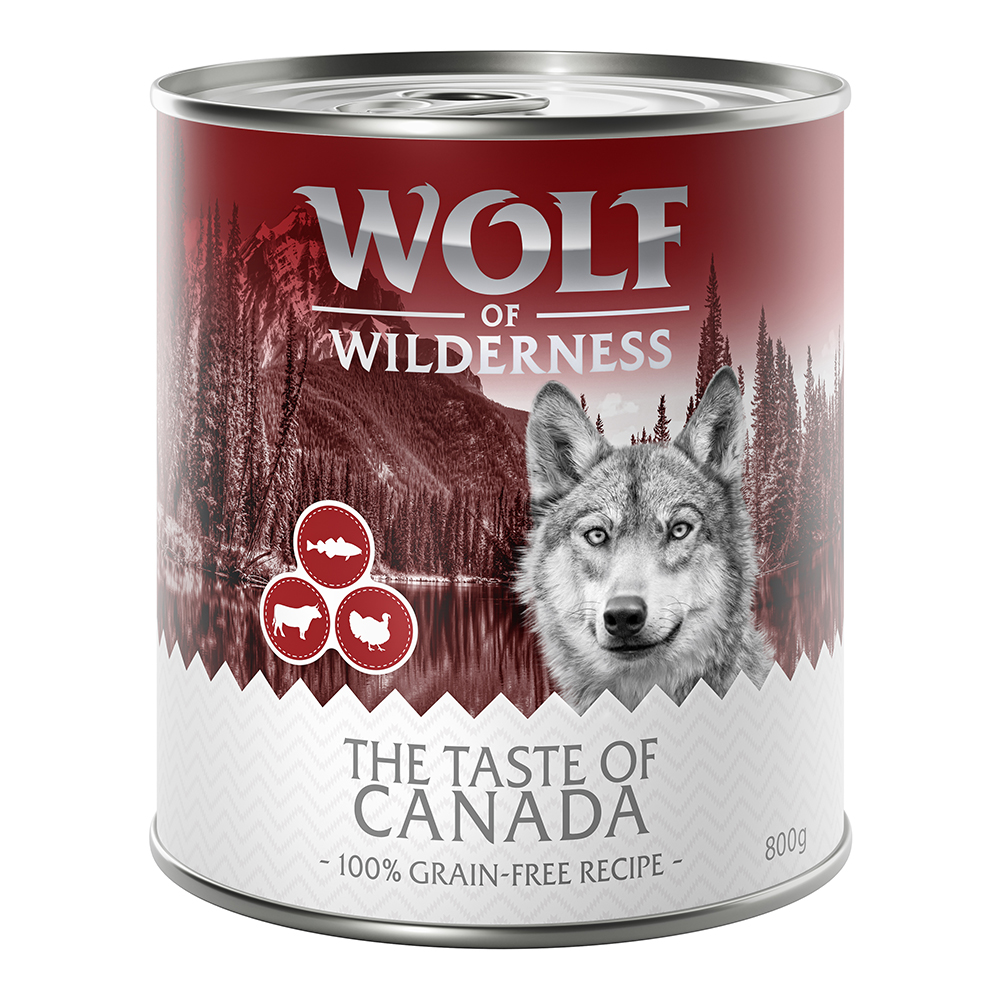 Megapakiet Wolf of Wilderness Monoprotein Adult, 24 x 800 g - The Taste Of Canada, wołowina, indyk, dorsz