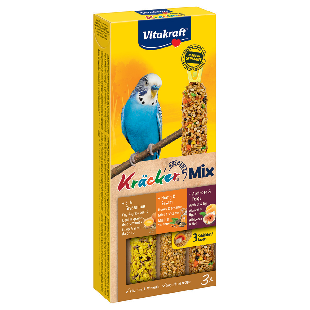 Vitakraft, kolby do skubania dla papużek falistych - 2 x 3 patyczki: miód/jajko/morela miniaturka