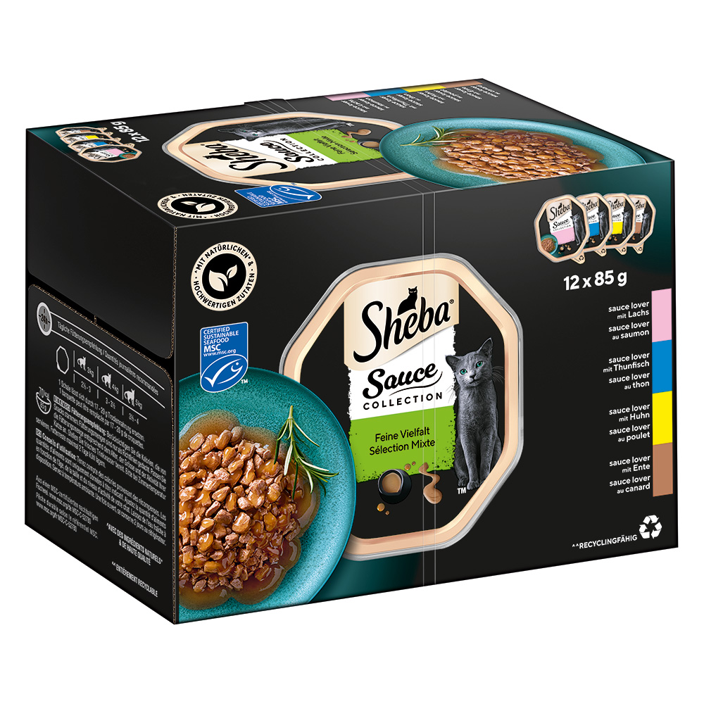 Megapakiet Sheba tacki, 48 x 85 g - Sauce Lover (łosoś; tuńczyk; kurczak; kaczka)