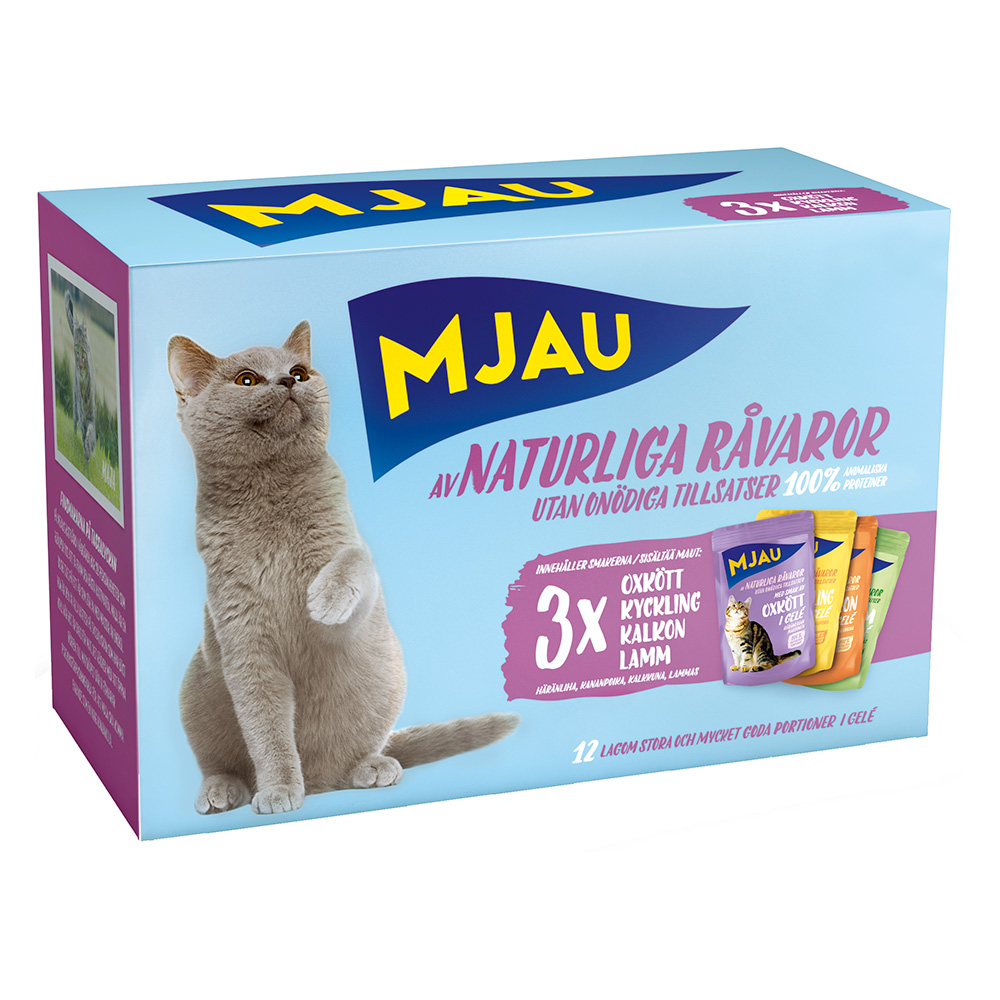 10% taniej! Mjau, karma mokra, 12 / 48 x 85 g - Cat w saszetkach, Pakiet mieszany mięsne menu w galarecie (4 smaki), 12 x 85 g