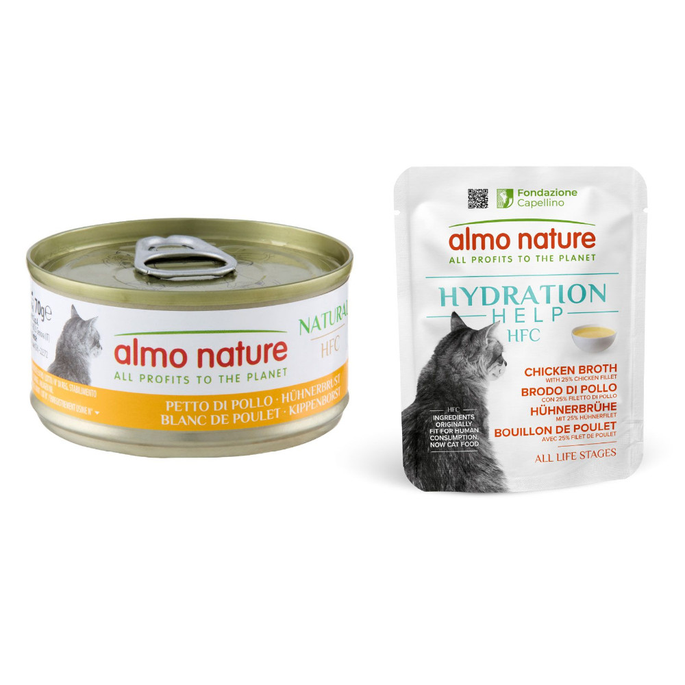 Almo Nature, karma mokra dla kota: 12 x 70 g +  HFC Hydration Help, 6 x 50 g gratis! - Pierś z kurczaka, 12 x 70 g + Bulion drobiowy z filetem z kurczaka, 6 x 50 g