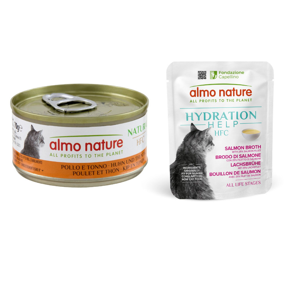 Almo Nature, karma mokra dla kota: 12 x 70 g +  HFC Hydration Help, 6 x 50 g gratis! - Kurczak i tuńczyk, 12 x 70 g + Bulion z łososia z filetem z łososia, 6 x 50 g