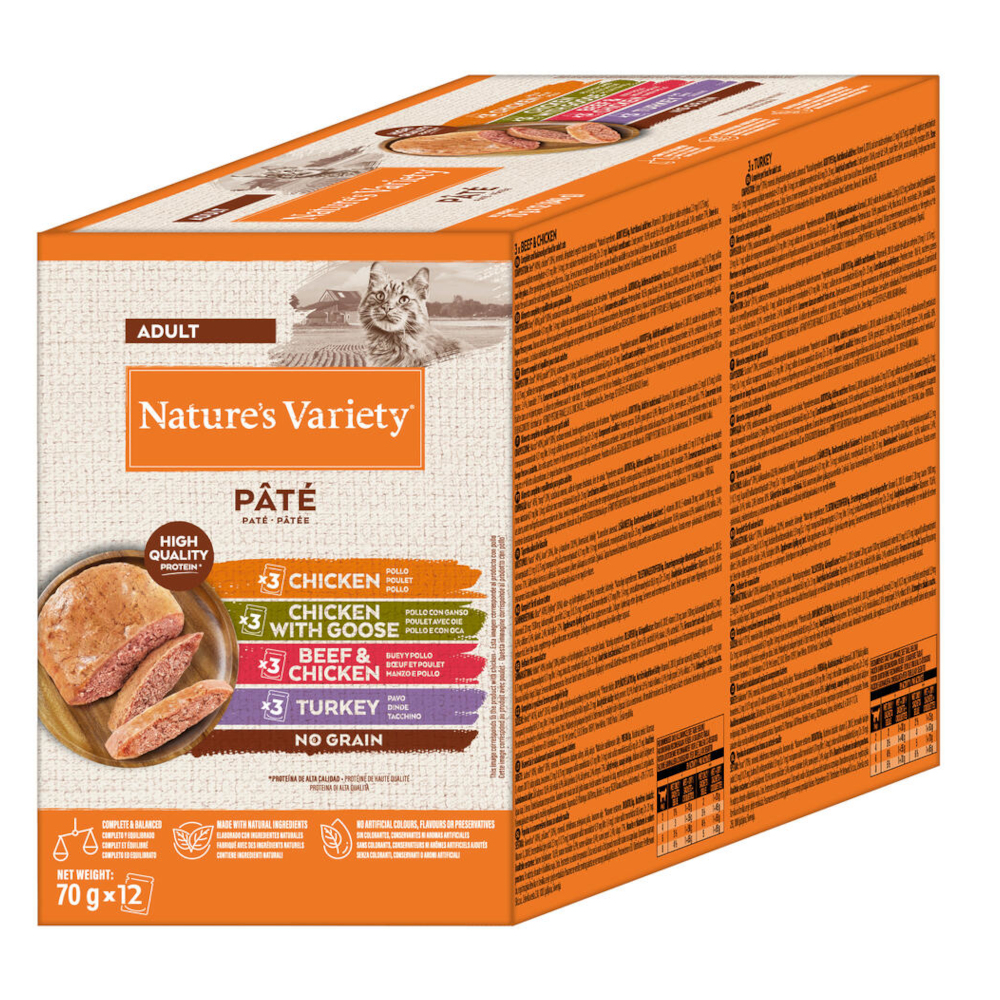 38 + 10 gratis! Nature's Variety, karma mokra dla kota, 48 x 70 g / 48 x 85 g - Pâté No Grain Adult, Pakiet mieszany (kurczak, kurczak i gęś, wołowina i kurczak, indyk), 48 x 70 g