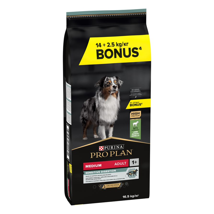 14 + 2,5 kg gratis! PURINA PRO PLAN, karma sucha, 16,5 kg - Medium Adult Sensitive Digestion, jagnięcina i ryż, 14 kg + 2,5 kg