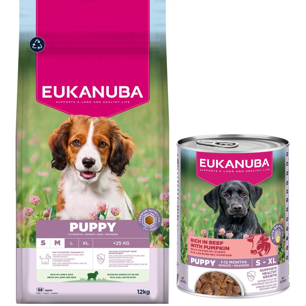 Eukanuba: Premium Nutrition, karma sucha, 12 kg/ 15 kg + wołowina z dynią, 3 x 400 g gratis! - Puppy Small & Medium Breed, jagnięcina i ryż, 12 kg + Puppy, wołowina z dynią, 3 x 400 g