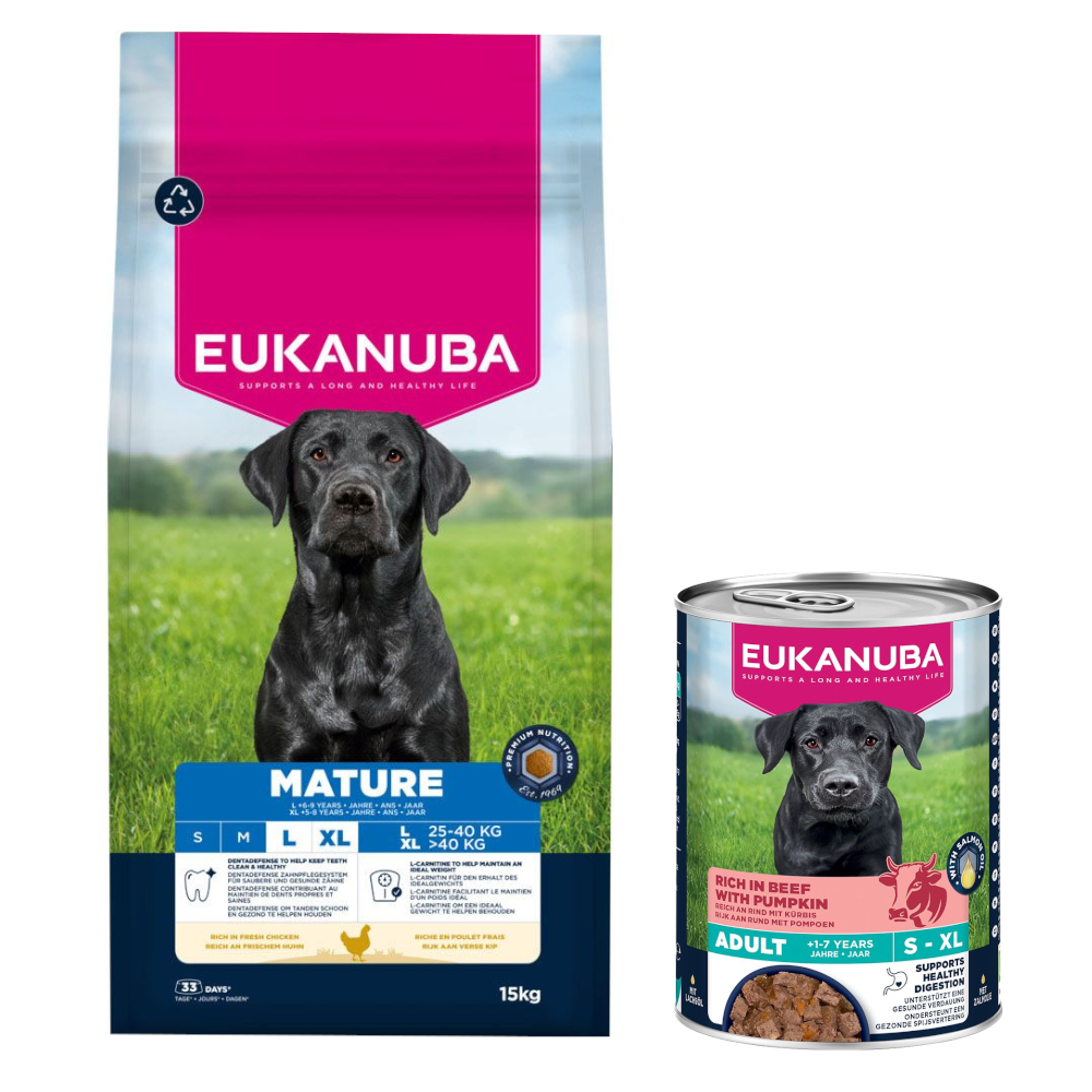 Eukanuba: Premium Nutrition, karma sucha, 12 kg/ 15 kg + wołowina z dynią, 3 x 400 g gratis! - Mature Large & Giant Breed, kurczak, 15 kg + Senior, wołowina z dynią, 3 x 400 g