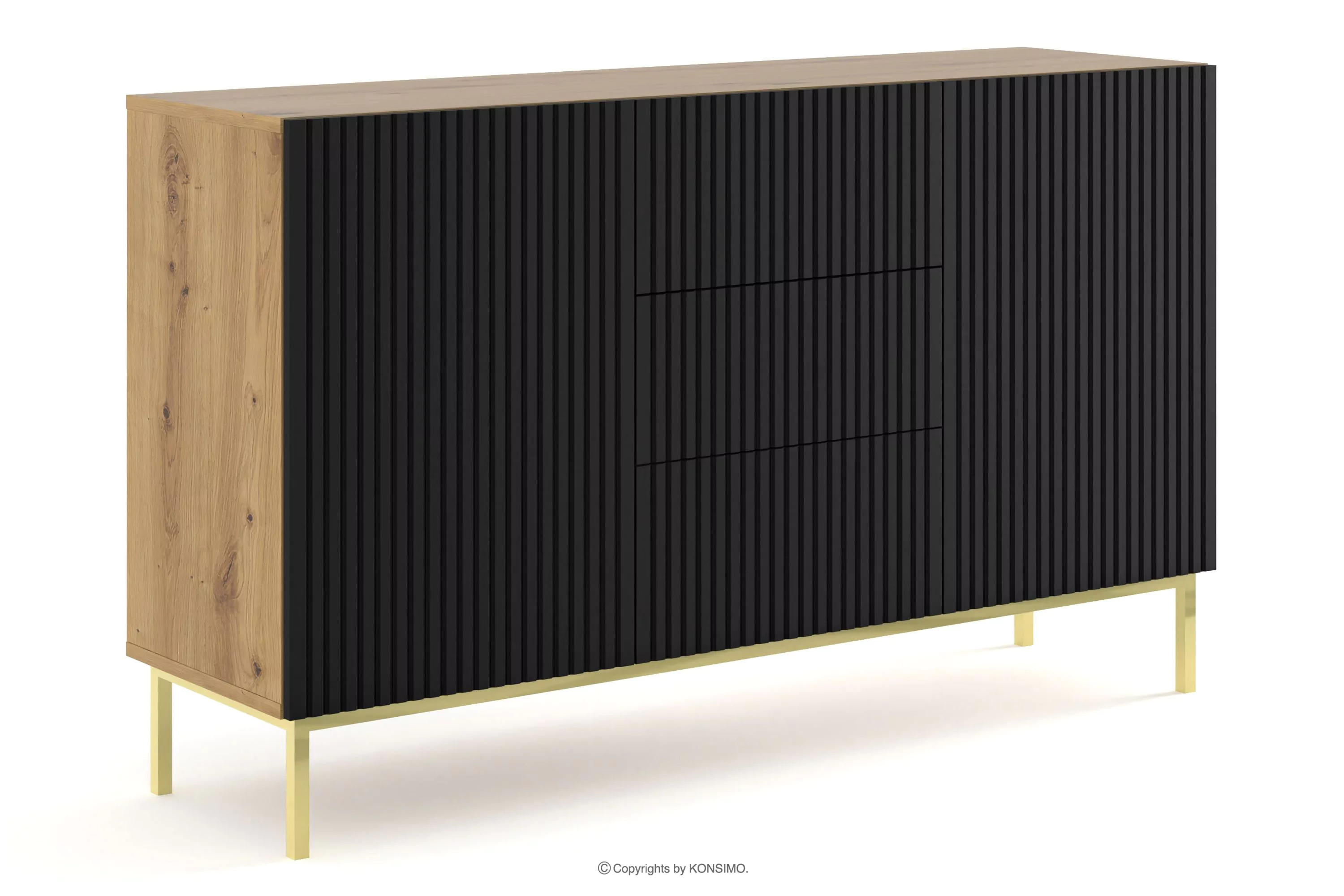 Elegancka komoda do salonu na złotych nóżkach dąb artisan/czarny REMO