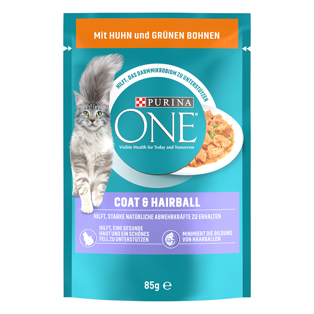 Korzystny pakiet PURINA ONE, 26 x 85 g -  Coat & Hairball, Kurczak z zieloną fasolką, 26 x 85 g