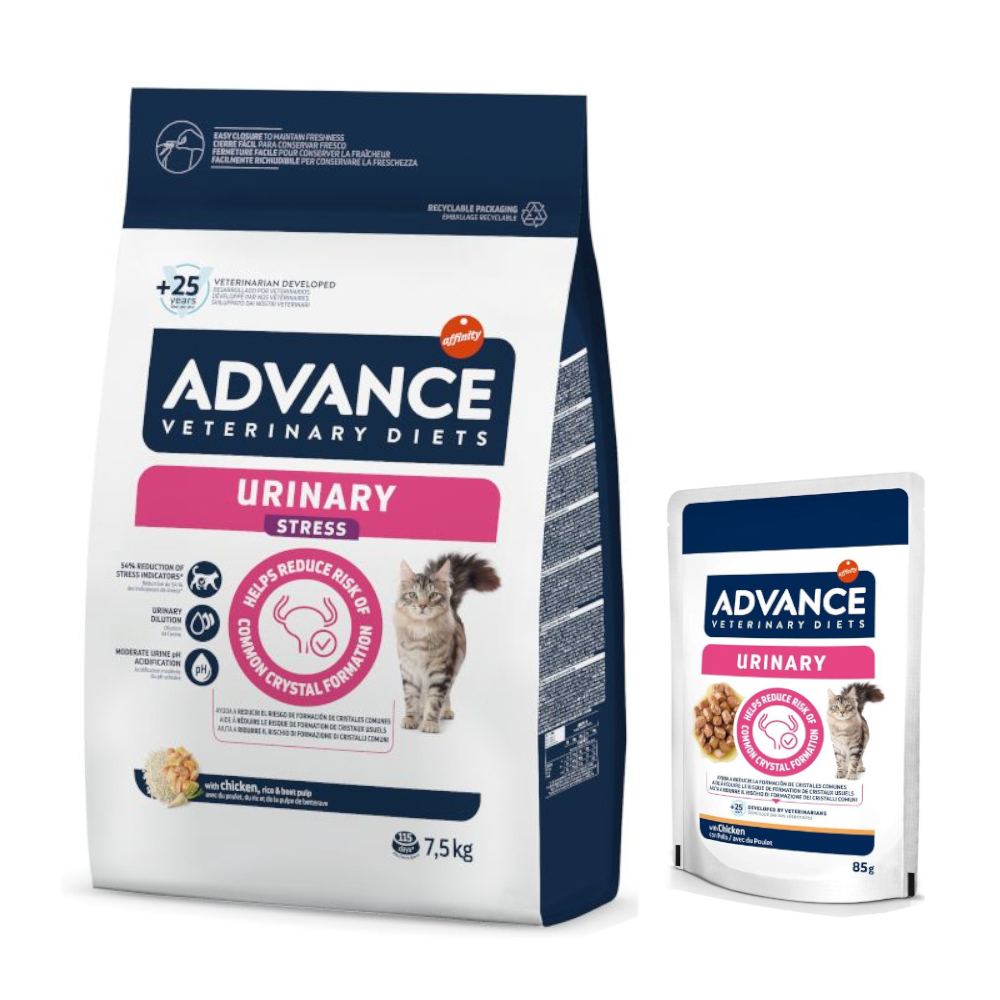 15% taniej! Advance Veterinary Diets: 7,5 kg / 8 kg karma sucha + Feline Urinary, 12 x 85 g - Urinary Stress, 7,5 kg