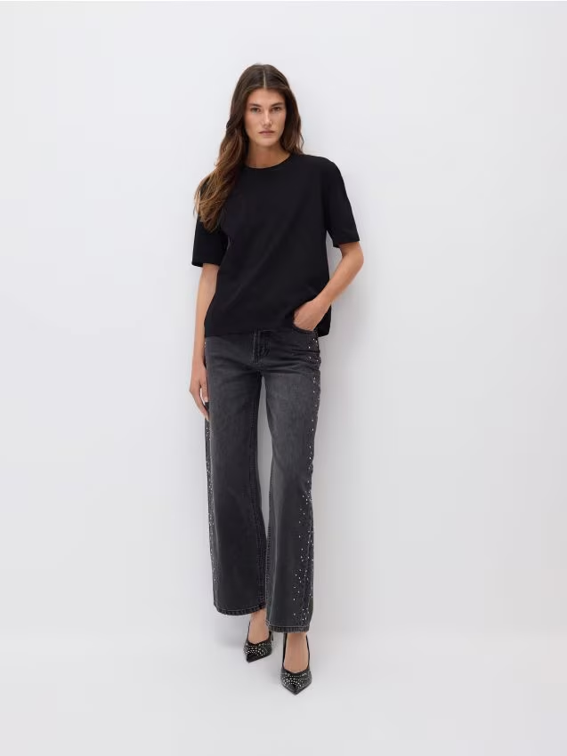 Reserved - Jeansy straight z aplikacjami - czarny