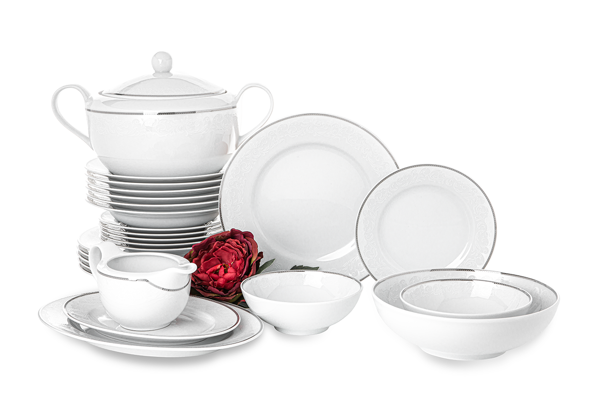 Zestaw obiadowy porcelana 25 elementów biały / srebrny wzór dla 6 os. AMELIA LUIZA