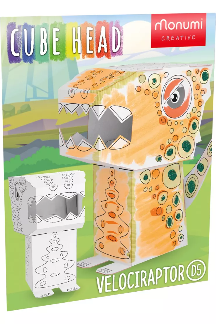 Cube head. Dino. Welociraptor. Złóż i pokoloruj