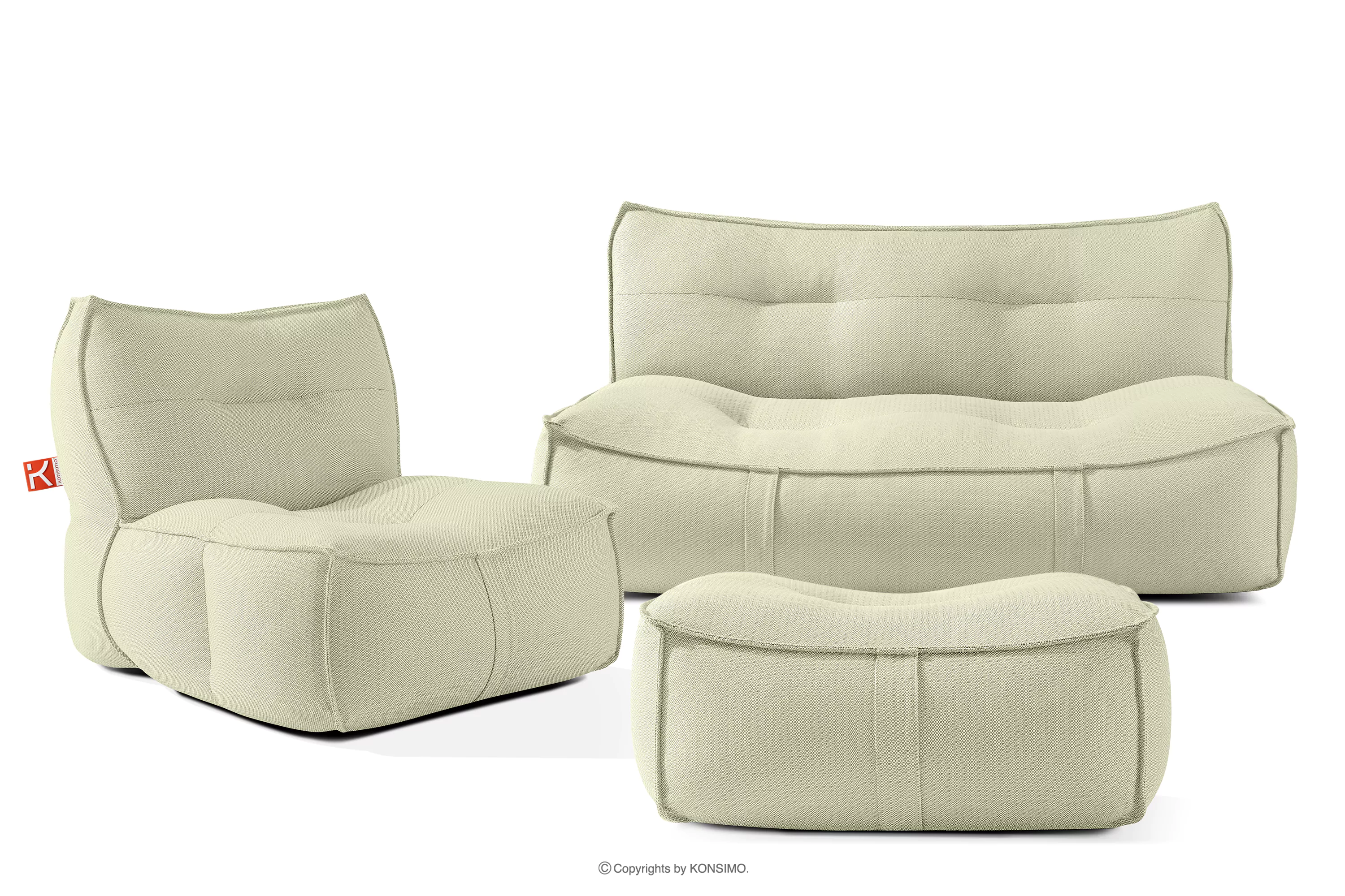 Zestaw ogrodowy fotel sofa i puf w tkaninie plecionej outdoorowej jasny zielony/biały LOVIA