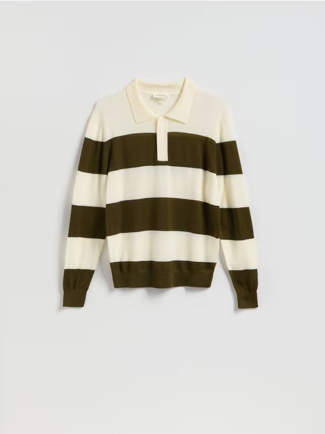 Reserved - Sweter polo z wełny merino - zielony